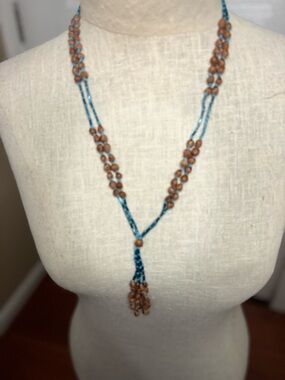 Vintage Seed Blue Bead Lariat Necklace Boho Tassel Y Necklace Earth Tone Chic